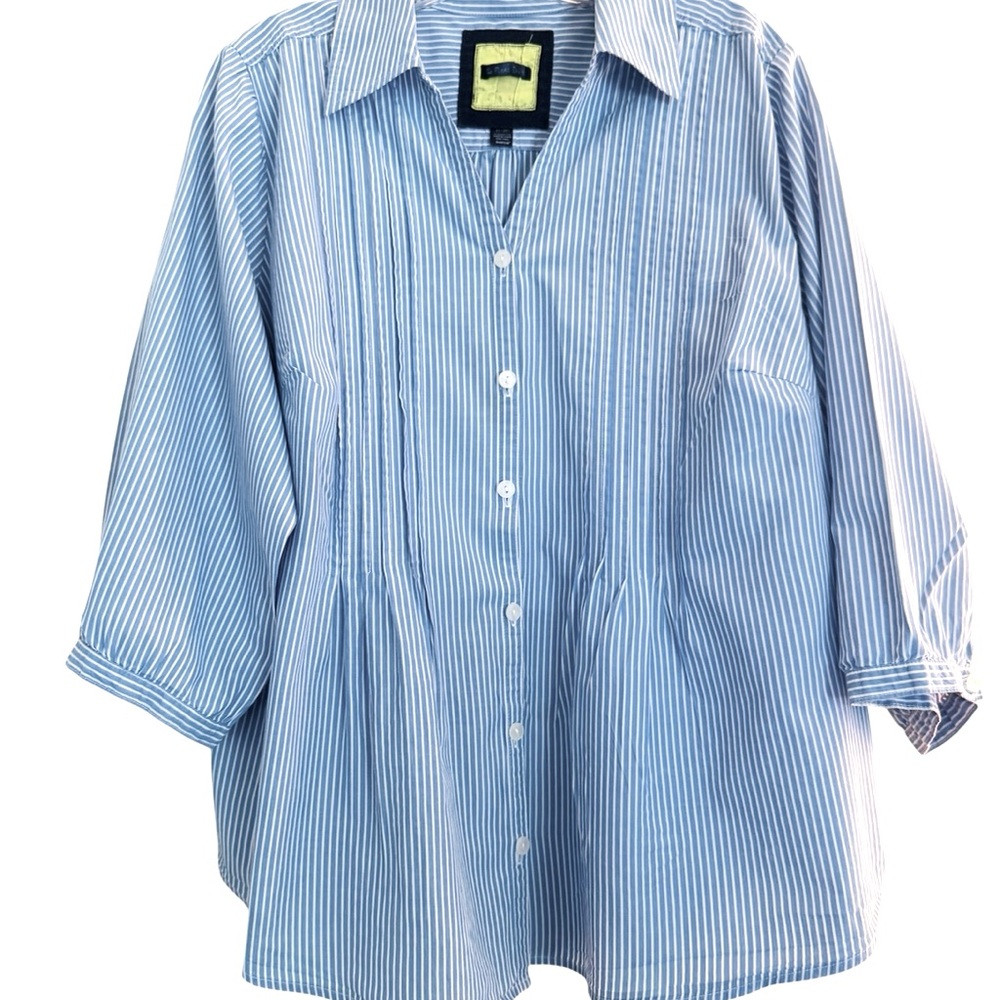 Avenue Women’s Collar Blue White Stripe Pleat Button Down 3/4 Sleeve Top 18/20